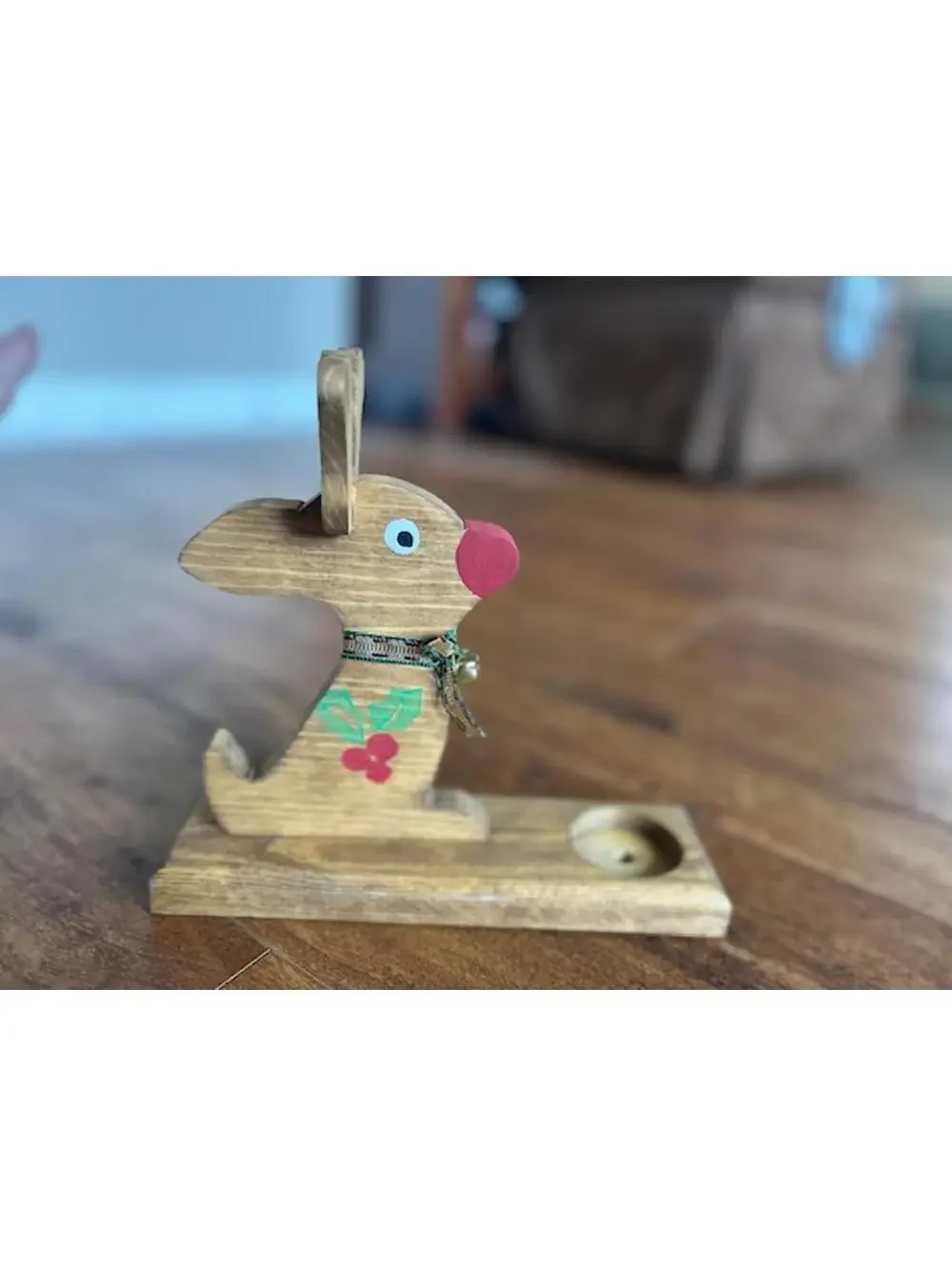 Handcrafted Wooden Reindeer Candle Holder with Festive Bow and Bell